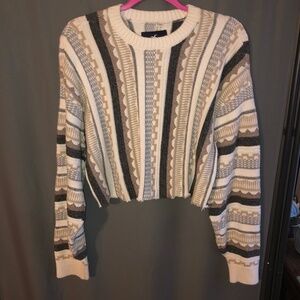 Hollister Aztec boho textured knit GrandpaCore cropped jumper neutral toned